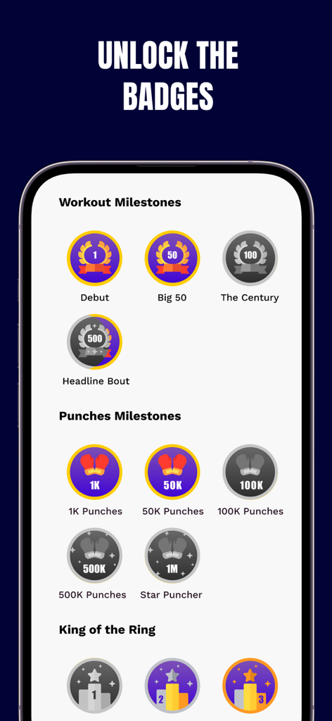 PunchLab: Boxing Workout - PunchLab app screen showing various boxing workout and punch milestone badges.