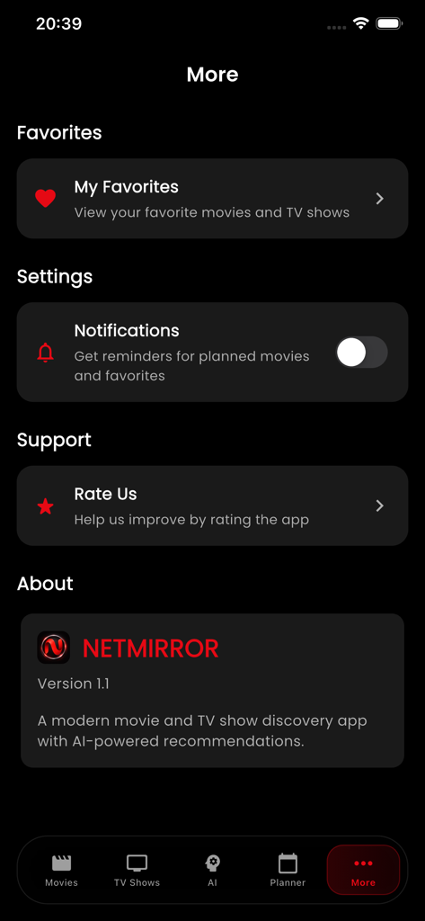 The more settings screen of the Netmirror app featuring favorites notifications and app information