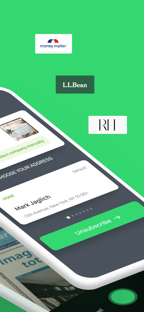 PaperKarma - Stop Junk Mail - Interfaz de la aplicación móvil PaperKarma que muestra a un usuario eligiendo una dirección para darse de baja del correo basura físico con logotipos de LL Bean y Money Mailer.