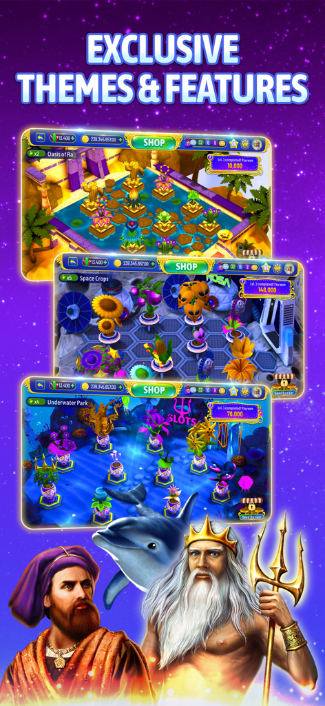 Bloom Boom Casino Online Slots - Exhibición de temas exclusivos de jardines 3D en Bloom Boom Casino que incluyen Oasis de Ra, Cultivos Espaciales y Parque Submarino