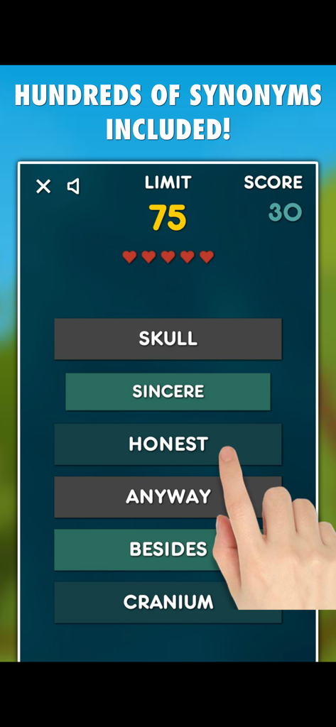 A user selecting synonym pairs like sincere and honest in the Synonyms PRO app interface.