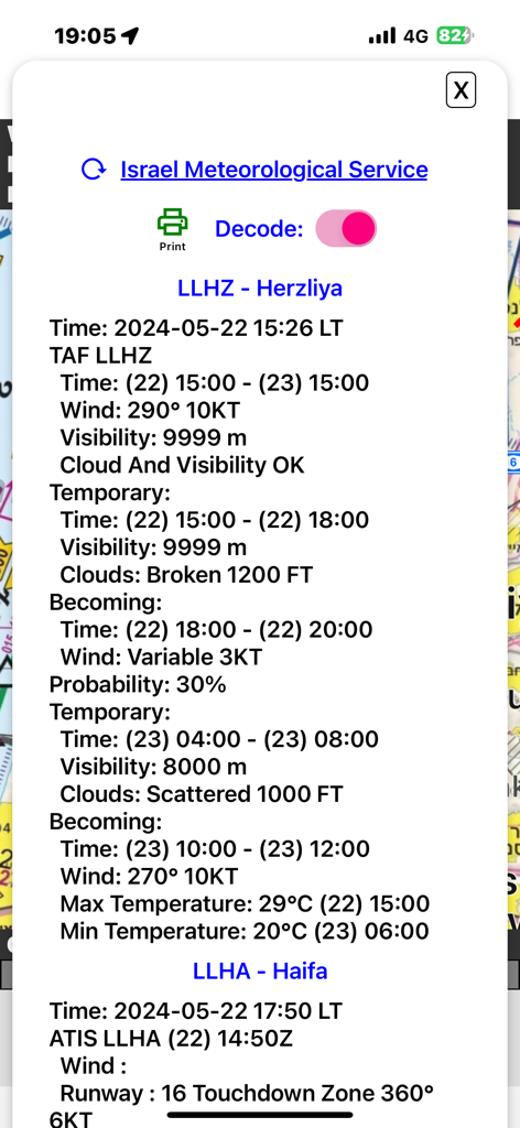 Air Map Israel - Aviation weather report screen for Herzliya and Haifa airports showing wind and visibility data