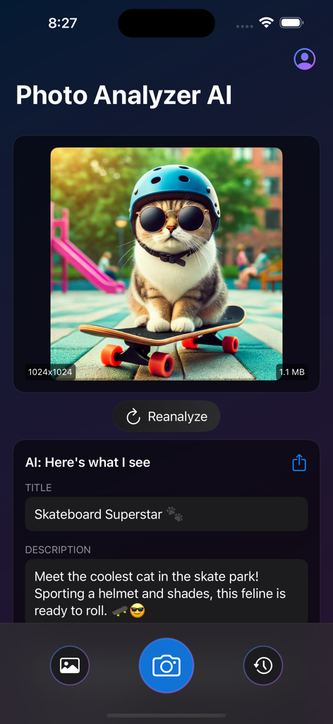 AI photo analysis app interface showing an image of a cat on a skateboard with a generated title and description