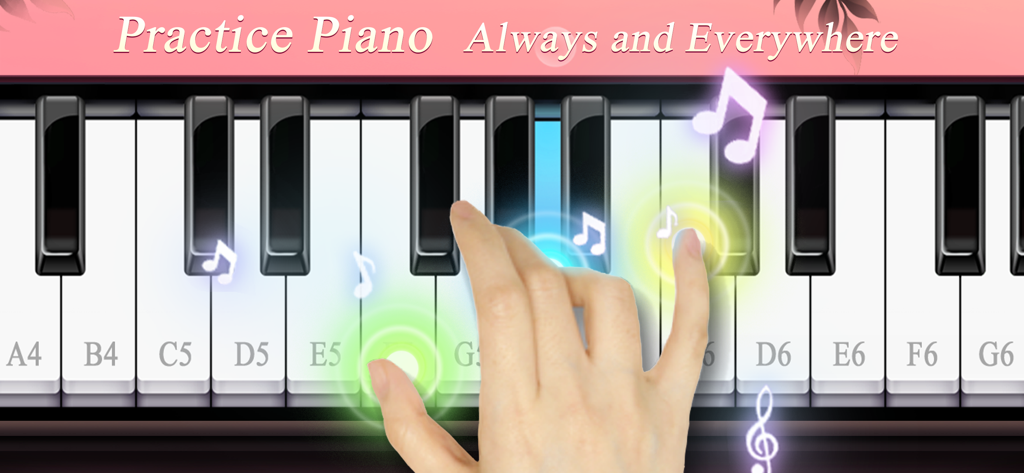 Piano Master Pink - A hand playing on a pink virtual piano keyboard with glowing musical notes