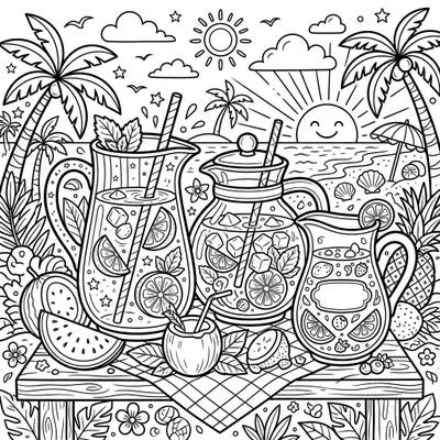 Capture the essence of a perfect summer day with this delightful coloring page featuring various pitchers and carafes brimming with cool, fruity drinks. Enjoy bringing to life a vibrant beach scene complete with palm trees, ocean waves, and a smiling sun.