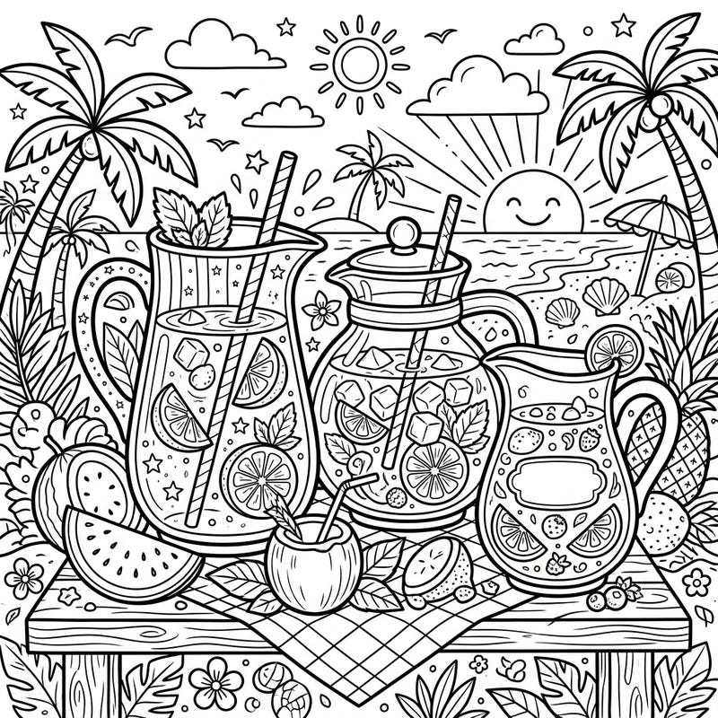 Capture the essence of a perfect summer day with this delightful coloring page featuring various pitchers and carafes brimming with cool, fruity drinks. Enjoy bringing to life a vibrant beach scene complete with palm trees, ocean waves, and a smiling sun.