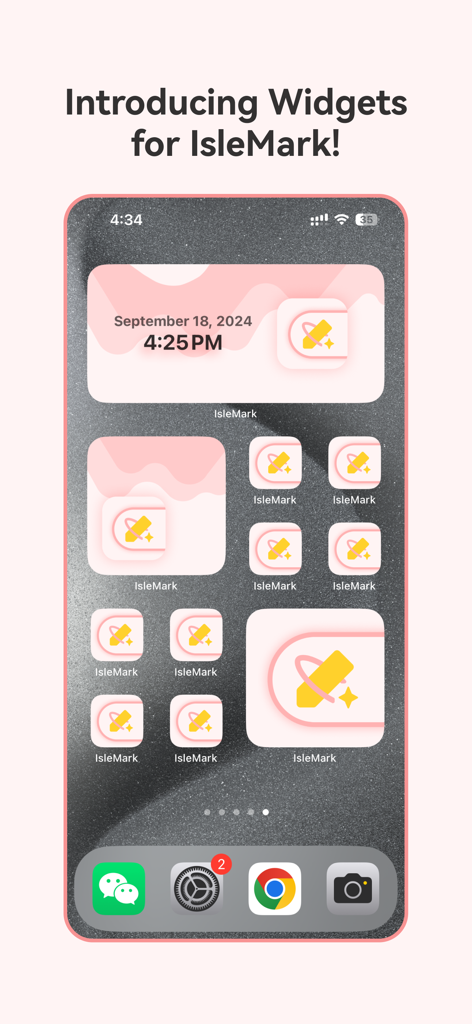 IsleMark - A collection of IsleMark app widgets on an iPhone home screen featuring a soft pink aesthetic