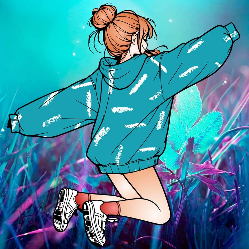realistic girl jumping with a bun and oversized sweatshirt