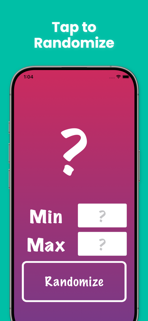 Random Number Generator – RNG - Interfaz de la aplicación móvil Generador de Números Aleatorios que muestra los campos de entrada de rango mínimo y máximo y un botón de aleatorización