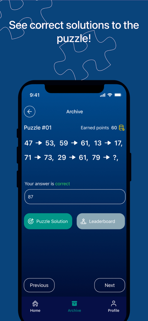 Brainzy - Brainzy app archive interface showing a solved numeric puzzle with a link to the leaderboard