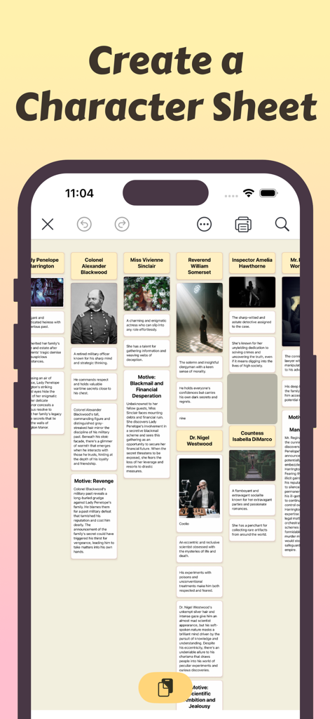 Card Buddy - Index Cards - A visual character sheet in Card Buddy showing profiles with portraits and text descriptions on a digital board.