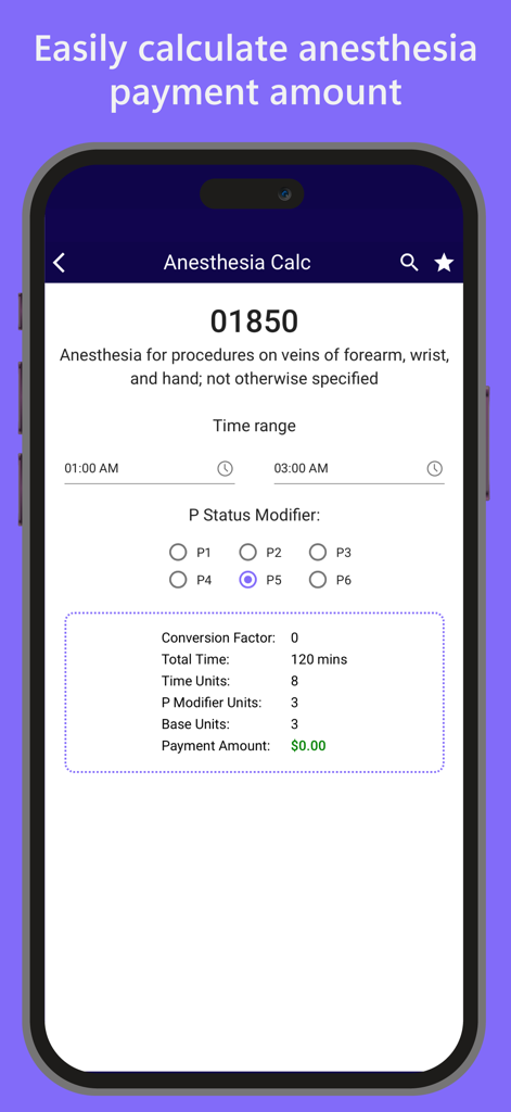 Écran de calculatrice d'anesthésie montrant le code CPT 01850 avec les unités de temps et le calcul du paiement