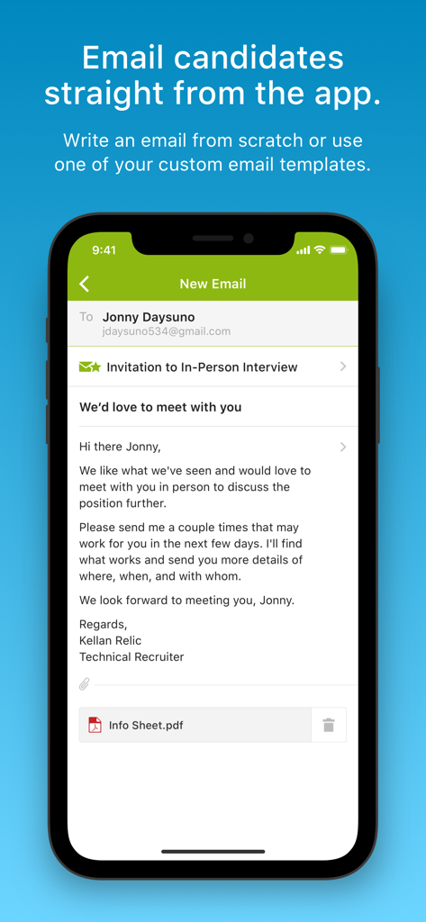 BambooHR Hiring - BambooHR Hiring app screen showing the mobile interface for emailing a job candidate