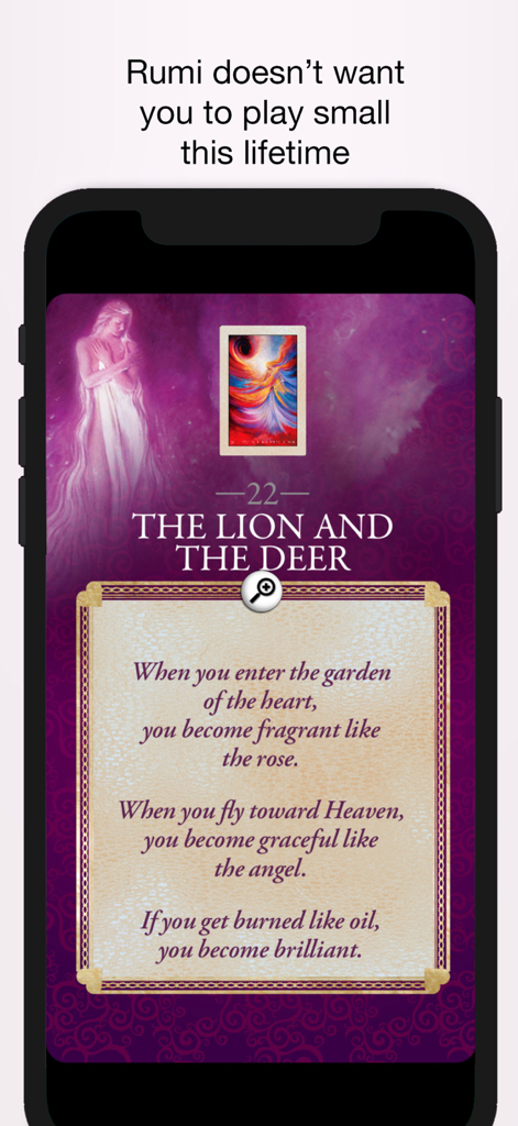 Rumi Oracle app card reading screen featuring the Lion and the Deer poem