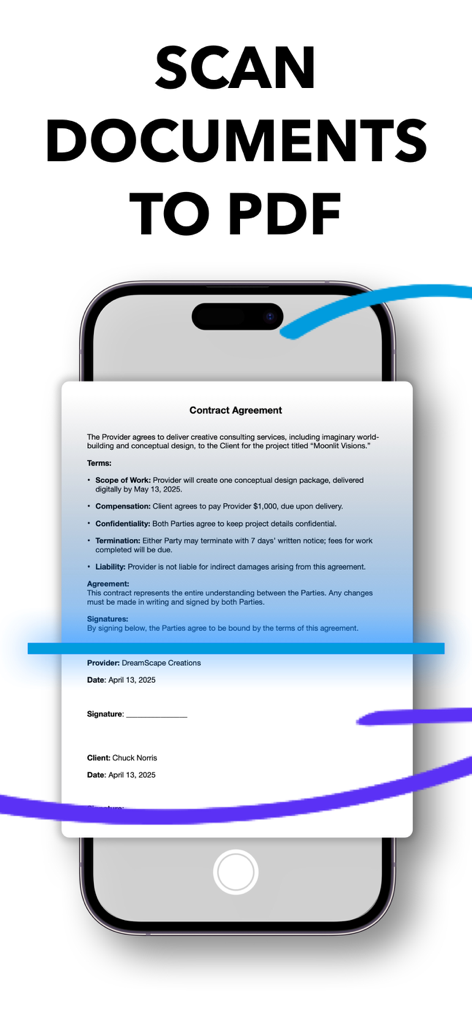 ZipSign app interface showing a contract agreement being scanned into a PDF file on a smartphone.