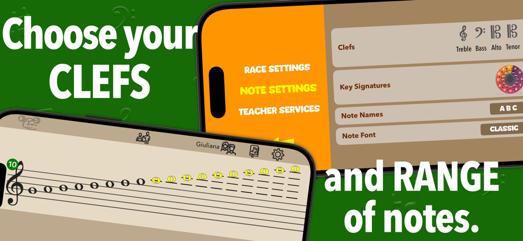 Flashnote Derby - Interface of Flashnote Derby app showing customizable clef selection and musical note ranges on a staff