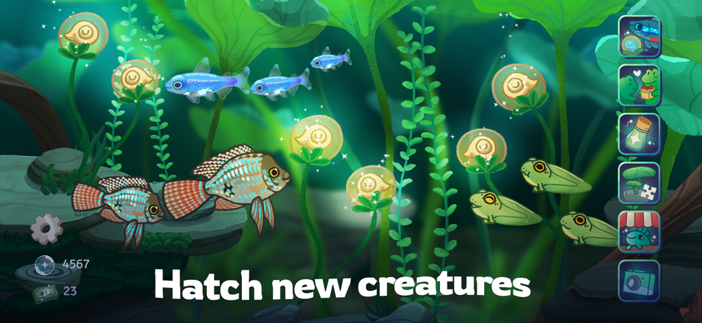 Pondlife — Relaxing Fish Game - Una serena escena submarina en el juego Pondlife que muestra varios peces, renacuajos y huevos brillantes listos para eclosionar.