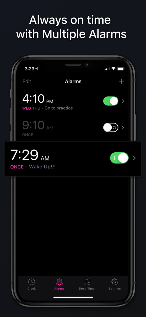 Alarm Clock - Wake up Music - Una captura de pantalla de la interfaz de la aplicación Reloj Despertador en un iPhone que muestra una lista de múltiples alarmas programadas con etiquetas personalizadas.