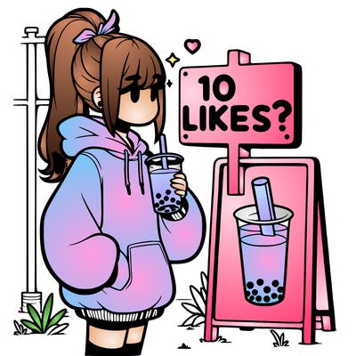 girl with oversized hoodie drinking boba and she has a high ponytail with a sign that says 10likes?