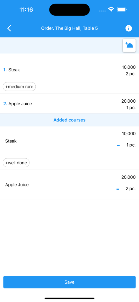 Alisa Garson - A mobile app interface for waiters showing a restaurant order with food items and quantities for a specific table.