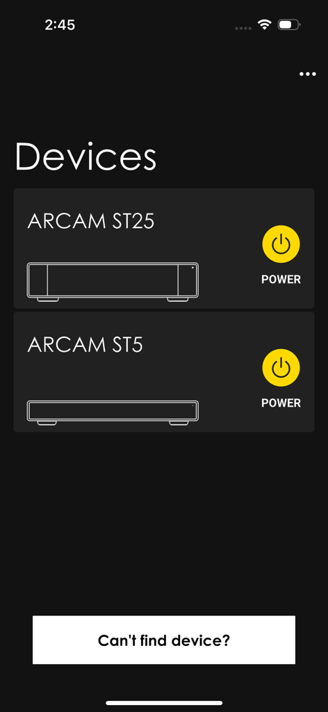 ARCAM Radia - Ecrã de dispositivos da aplicação ARCAM Radia mostrando os streamers de áudio ST25 e ST5 conectados com botões de ligar/desligar