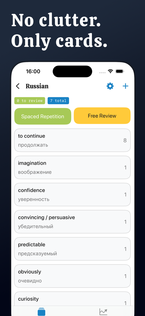 Ebbinghaus - Interface of the Ebbinghaus app showing a Russian language flashcard deck with a clean, distraction-free layout and options for spaced repetition and free review.