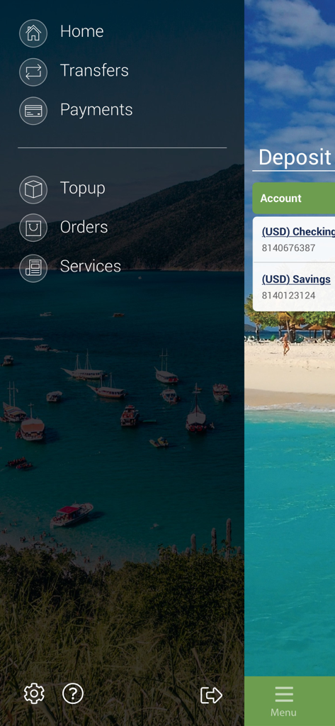 Navigation menu of the BOSVG iBANK Online app displaying account and payment options
