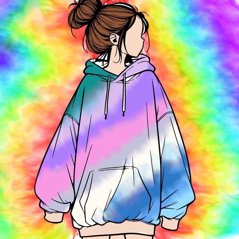 realistic girl with a oversized sweatshirt on and a bun