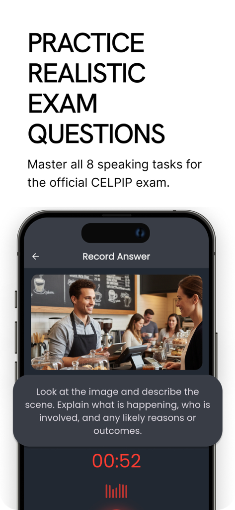 CELPIP Speaking Practice - Un écran mobile montrant une tâche de pratique de l'expression orale CELPIP où l'utilisateur doit décrire l'image d'une scène de café.