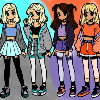 one girl with crop-top shirt and a jacket with a skirt, long socks and another girl with a shirt and pants with a jacket