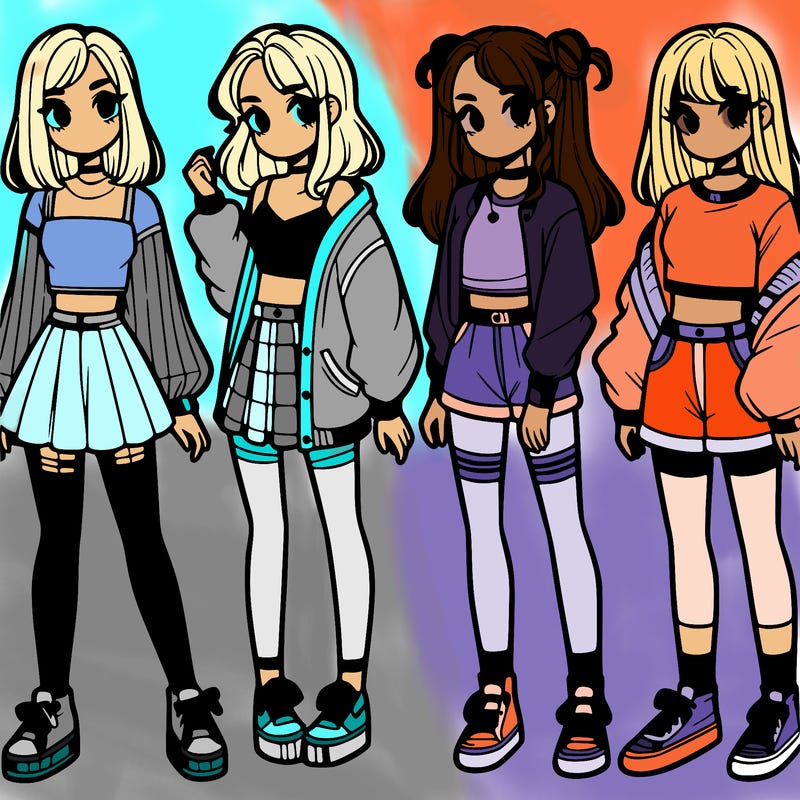 one girl with crop-top shirt and a jacket with a skirt, long socks and another girl with a shirt and pants with a jacket