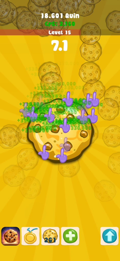 Cookie Clicker! - Idle Game - クッキークリッカーのゲームプレイ画面、複数の指で大きなクッキーをタップしてポイントを獲得している様子
