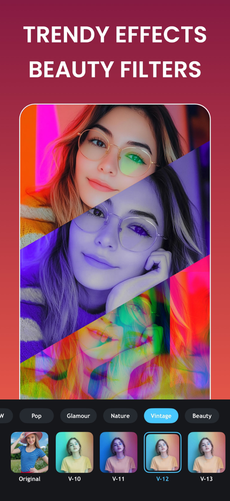 Interface of the Body Tune app displaying trendy beauty filters and vintage photo effects on a portrait of a woman.