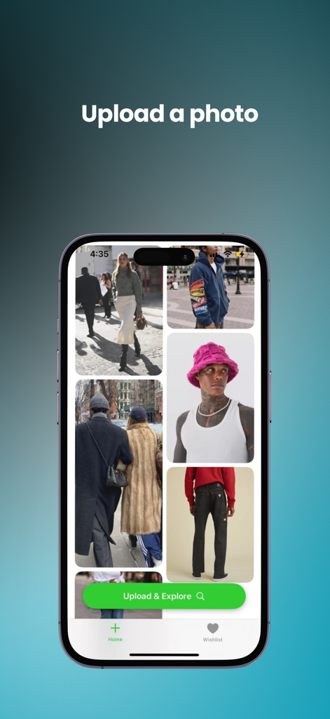 StyleScanner: Find Clothes - Mobile app screen displaying a gallery of fashion outfits with an upload and explore button