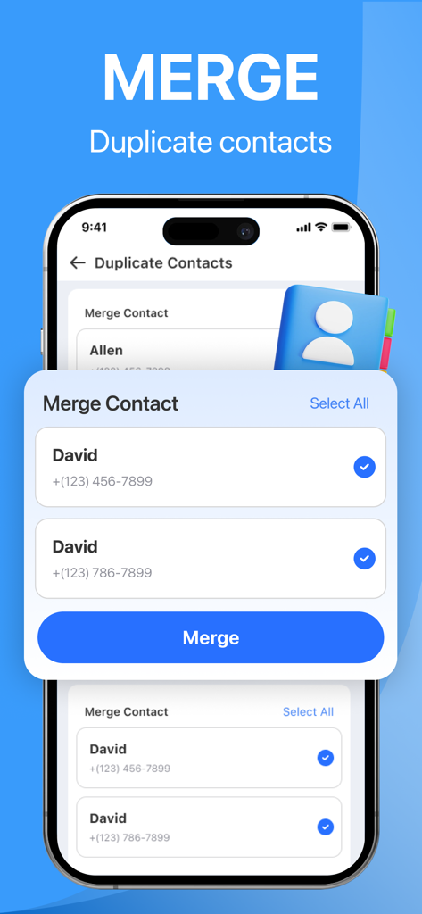 Puro Clean-AI Storage Cleaner - Interfaz de la aplicación Puro Clean mostrando una función para fusionar contactos telefónicos duplicados en un iPhone