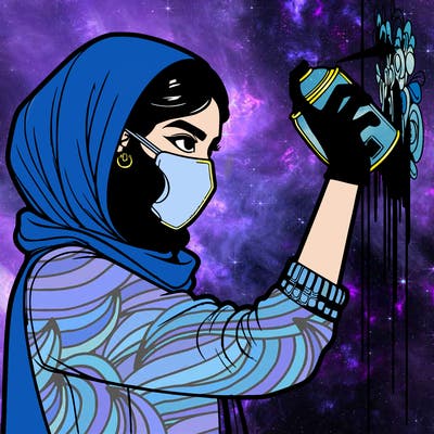 realistic girl with mask spray painting a wall