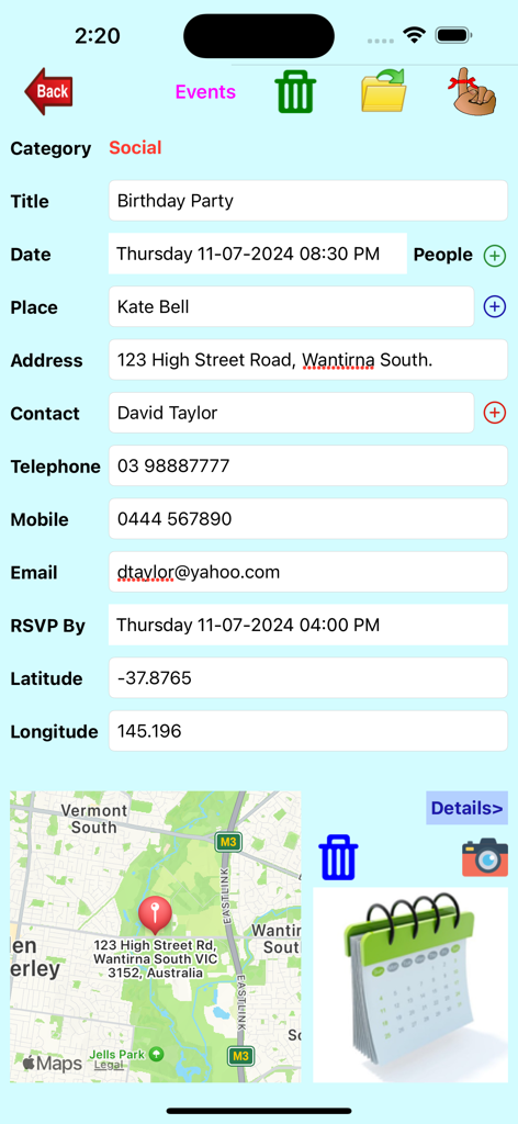 Event Manager - イベントマネージャーアプリの詳細イベント計画フォーム。誕生日パーティーの情報と地図の場所が表示されています。