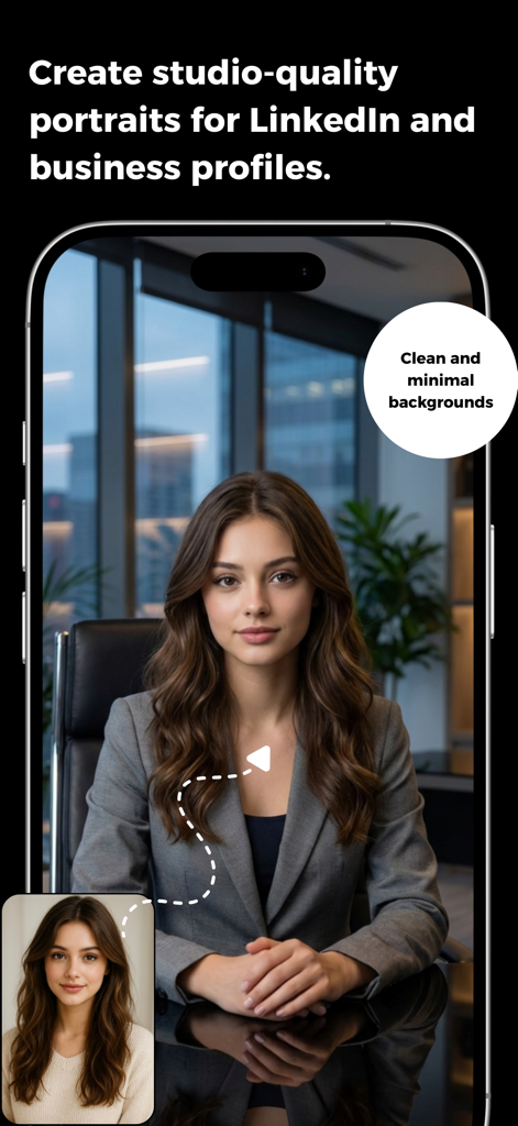 Wave AI: Image & Video Maker - Wave AI app interface showing a casual selfie transformed into a professional studio quality LinkedIn portrait