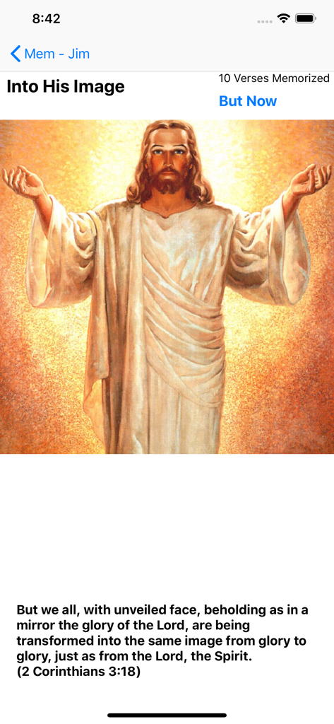 NavsTMS - NavsTMS app screen showing a visual progress report with an image of Jesus and 2 Corinthians 3:18 scripture text