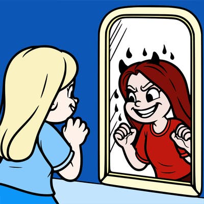 a nice girl looks into a mirror but sees an evil reflection of herself