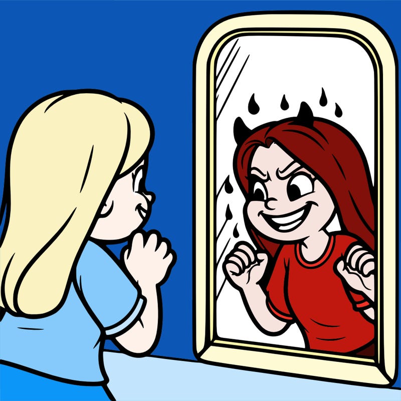 a nice girl looks into a mirror but sees an evil reflection of herself