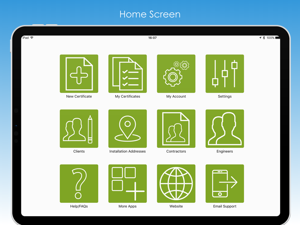 Pro Certs - Home screen of the Pro Certs electrical certification app on an iPad showing navigation icons for certificates and clients