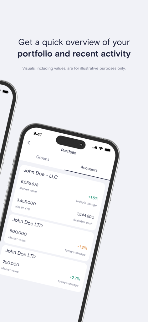 Interfaccia dell'app mobile GS PWM che mostra una panoramica del portafoglio di gestione patrimoniale con valori di mercato e attività del conto