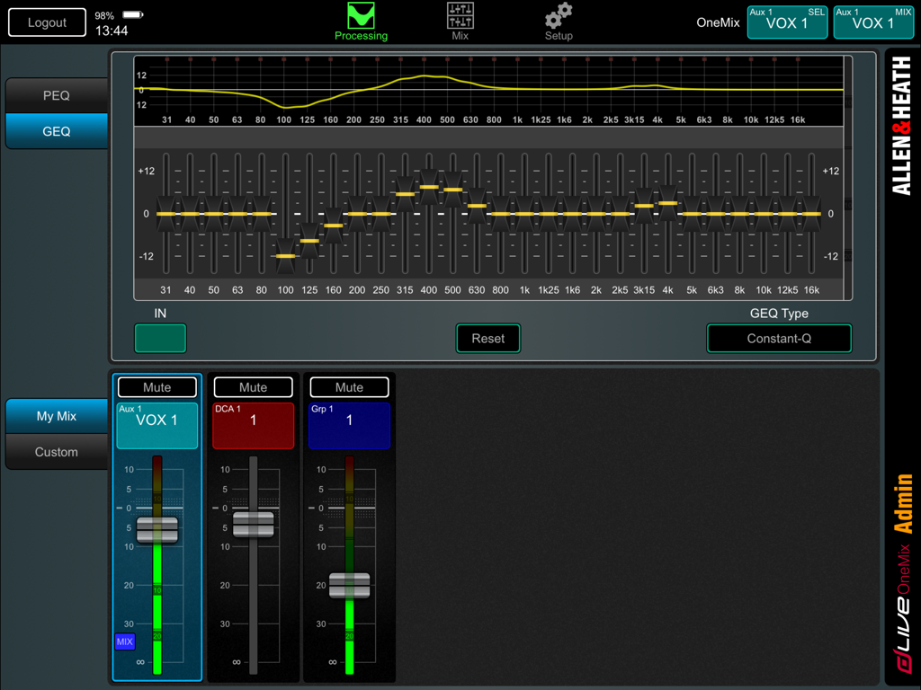 dLive OneMix - dLive OneMix app interface showing the graphic equalizer processing screen with frequency faders and audio response curve