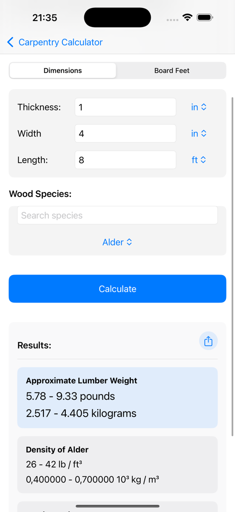 Carpentry & Trim Calculator - Interface of the Carpentry and Trim Calculator app showing dimensions and lumber weight results for alder wood