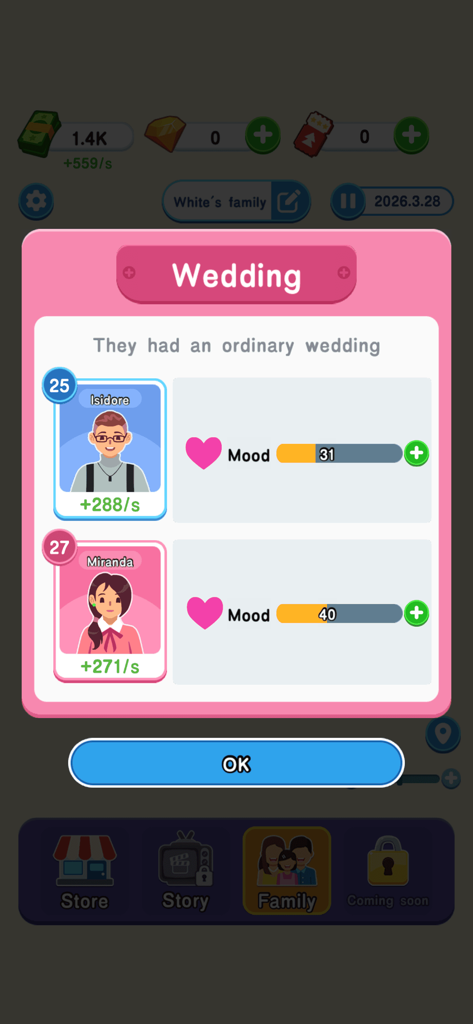 A wedding event pop-up in the My Way My Life simulation game showing characters Isidore and Miranda with their mood status.
