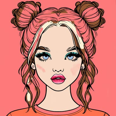 realistic girl with two buns in hair and lips