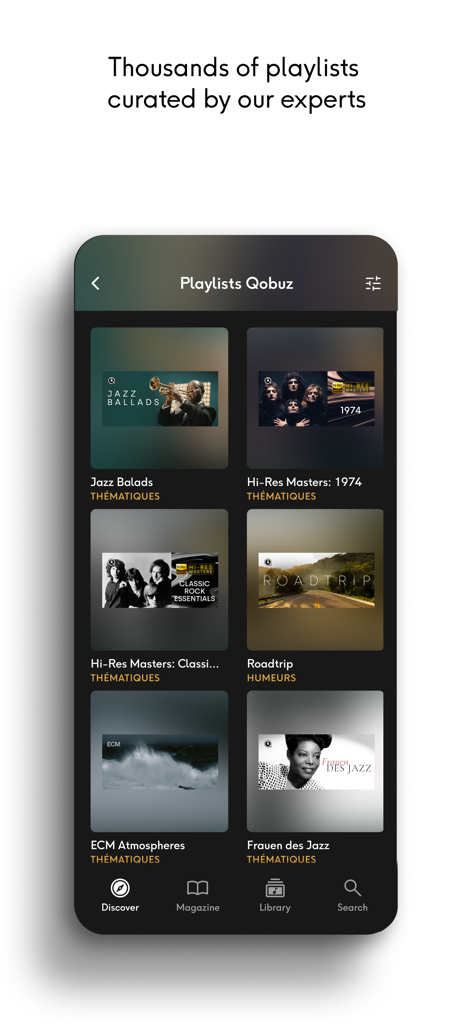 Qobuz: Music & Editorial - Interfaz de la aplicación Qobuz con miles de listas de reproducción de música seleccionadas por expertos.