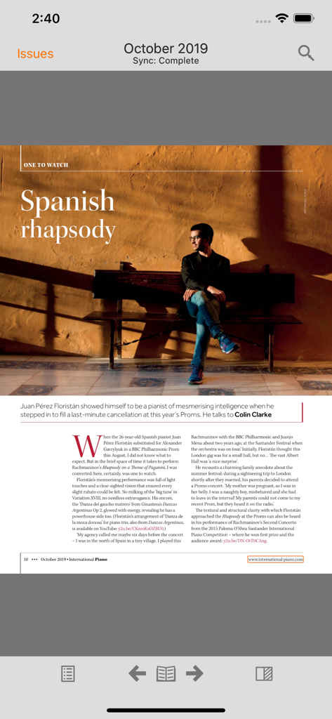 A feature article about a pianist in the International Piano digital magazine reader interface