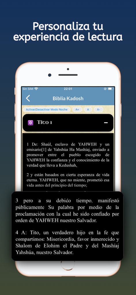 Biblia Kadosh en Español - Interfaz de la aplicación Biblia Kadosh mostrando opciones de personalización de lectura como modo noche y tamaño de letra